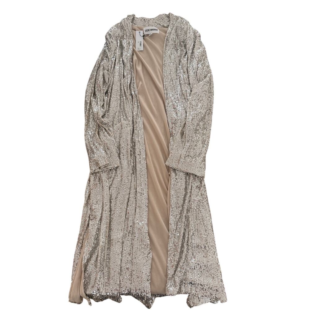 Steve Madden Sequin Duster Cardigan Silver Long Open Front NWT Size S